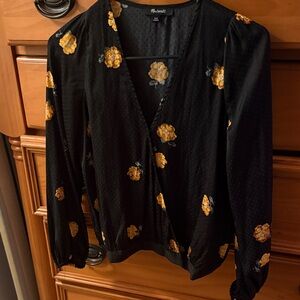 Madewell Black Blouse with Yellow Floral Pattern